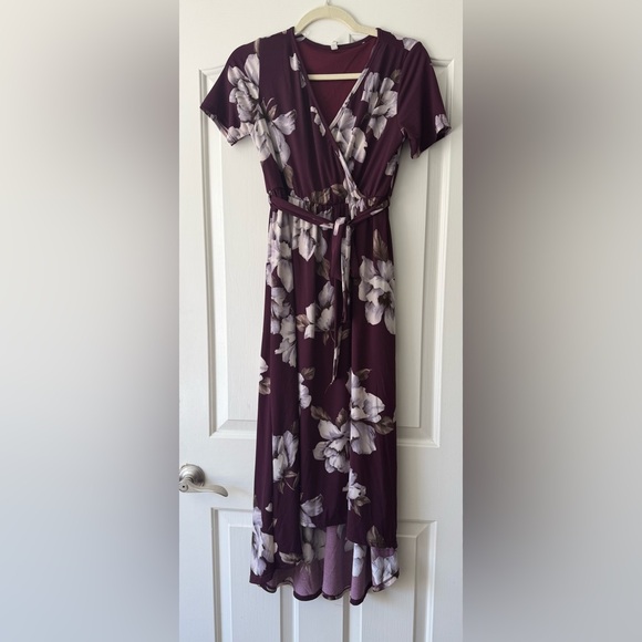 Pinkblush Maternity Plum Floral Hi-Low Maternity Wrap Dress - Picture 1 of 5